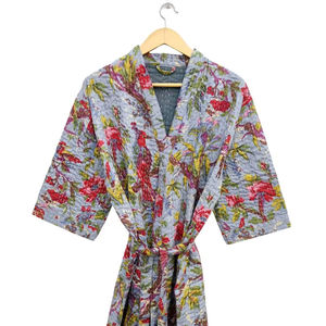 เสื้อ100% ผ้าฝ้ายพิมพ์ลายนกสีเทาเป็นมิตรต่อสิ่งแวดล้อมสำหรับผู้หญิงเสื้อโค้ทฤดูหนาวลายทางเย็บด้วยมือมีกระเป๋าทำด้วยมือ - Product Image 1