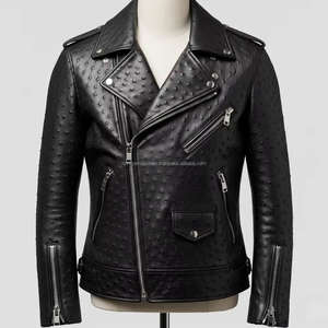 เสื้อแจ็คเก็ตหนังผู้ชายลายหนังนกกระจอกเทศสุดหรู งานแฮนด์เมด ของแท้ พรีเมียม เสื้อคลุมด้านนอกสีดำ ลายหนังนกกระจอกเทศ เสื้อแจ็คเก็ตนักขี่มอเตอร์ไซค์ - Product Image 5