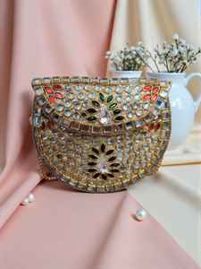 Mini Kundan Design <b>Clutch</b> bag wedding nikkah tiny purse handmade India 5 inches both side handwork bag wholesale manufacturer - Product Image 6
