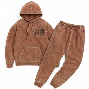 Sun-Faded Distressed Streetwear Solid Tracksuit <b>Set</b> Hoodie + Joggers Windproof Breathable Custom Logo & Design Winter Unisex - Product Image 6