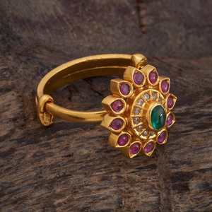 Vintage Silver Temple <b>Finger</b> <b>Ring</b> Bohemian Religious Flower Design Ruby-Green Stone Gold Polish Cluster Inlay 165277 Wedding - Product Image 3