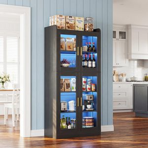 Librero Moderno de Madera Gris Oscuro con Puertas de Vidrio y Luces LED, Mueble Alto para Oficina en Casa, Estantería para Archivos - Product Image 2