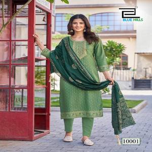 <b>Womens</b> Festival Special Suit Set Ready to Wear Rayon Foil Print <b>Top</b> with Embroidery, Rayon Bottom, and Chanderi Dupatta - Product Image 1