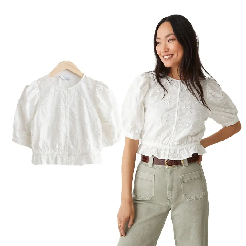 MANNI Collarless short puff sleeve casual white blouse elastic waist saree blouse designs