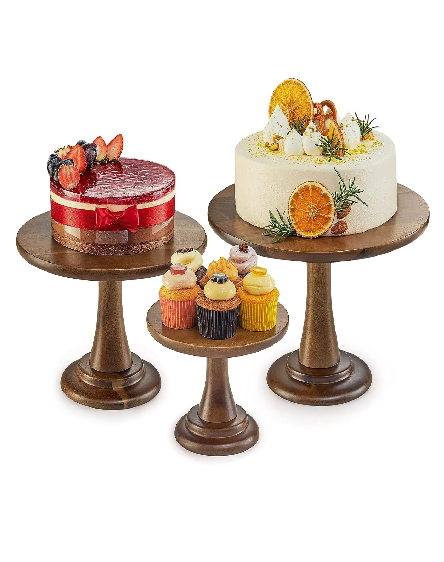 Set Van 3 Acacia Wood Cake Stand Rustieke Boerderij Cupcake Stand-Bruiloft En Verjaardagstaart Voetstuk-3 Stuks Dessert