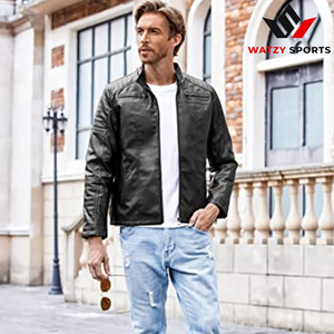 Wholesale Men's Slim Fit Sheep Skin Leather <b>Jacket</b> Stand <b>Collar</b> Lightweight Zip-up Bomber Coat Formal PU Motorcycle Biker <b>Jacket</b> - Product Image 5