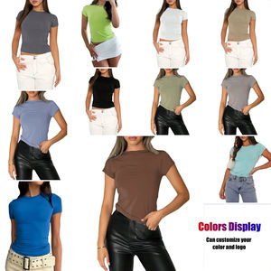 Femmes décontracté coupe ajustée à manches courtes couleur unie coton fibre de bambou haut court Logo personnalisé respirant écologique été rapide - Product Image 5