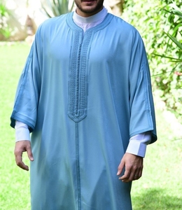 AL HIJRAH ABAYAS Handmade Premium Moroccan Embroidery Linen Anti-Wrinkle Long Sleeve <b>Men's</b> <b>Thobe</b> Traditional Muslim Clothing - Product Image 1