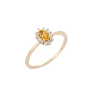 Handmade Jewelry Genuine Citrine with Diamond Gemstone Ring 14K Solid Gold Cluster Rings Wholesale Fine Jewelry For Women