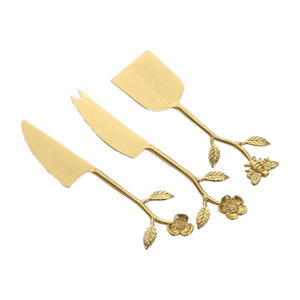 Ensemble de couteaux à fromage en acier inoxydable plaqué or avec manche en forme de feuille avec trancheuse à fromage et épandeur à fromage - Product Image 1