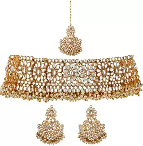 Grosir Perhiasan Pernikahan India Kundan Bekerja Etnis Elegan Perhiasan Pengantin Set Wanita untuk Pernikahan