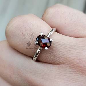 Handmade <b>Dainty</b> Garnet Sterling Silver <b>Ring</b> Natural Gemstone Jewelry Prongs Minimalist Boho Style Anniversary Birthday Gift for - Product Image 2