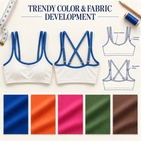 Soutien-gorge de yoga personnalisé avec logo, durable, blanc avec bordure bleue, double bretelle, 73 % coton recyclé, 27 % élasthanne, OEM ODM Sunlit Bistro Patio