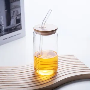 Custom Frosted Clear Glass Beer Can Cup With Glass Straw And Bamboo Lid