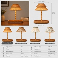 Lampe de table DC sans fil rechargeable en bambou avec plateau oblong en rotin et abat-jour double pour buffet, présentation et décoration intérieure