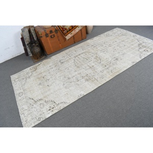 Tapis turc, tapis vintage de 3,9 x 8,8 pieds, tapis en laine blanc et gris à pois - Product Image 1