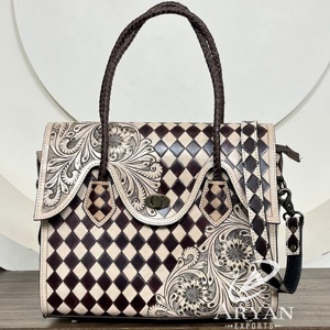 Western Style Handbag Women Hand Tooled Leather Crossbody <b>Satchel</b> <b>Bag</b> Checkerboard Design Shoulder Tote <b>Bags</b> with Braided Handle - Product Image 1