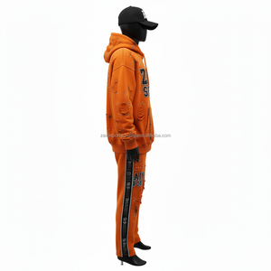 Chándal de lana de poliéster y algodón pesado para hombre, chándal 340 GSM naranja estilo desgastado con diamantes de imitación prensa de calor para hombre - Product Image 5