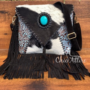 Bolso Hecho a Mano con Flecos de Piel de Vaca Auténtica para Mujer, Bolso de Piel Tallada Occidental con Pelo Bohemio - Product Image 1
