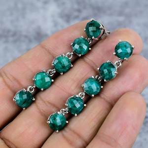 Pendientes Colgantes de Piedras Preciosas Teñidas de Esmeralda, Pendientes de Plata de Ley 925 Hechos a Mano, Pendientes de Botón para Mujer, Regalo para Ella - Product Image 3