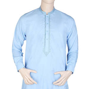 Shalwar Kameez Bordado con Cuello de Banda para Hombre - Azul - Product Image 3