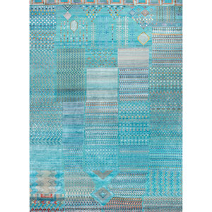 Tapis rectangulaire en laine et soie de bambou noué à la main Manchaha Blue, style puzzle patchwork, pour salon, modèle Les-1940 - Product Image 1