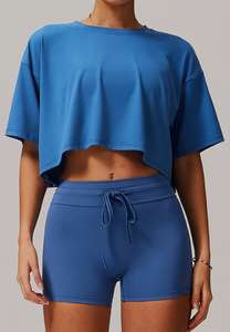 Tops cortos sueltos y pantalones cortos ajustados para mujer, conjuntos de Fitness para gimnasio, ropa activa de entrenamiento para mujer, ropa de Yoga para Pilates - Product Image 2