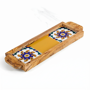 Plateau de service carré en céramique moderne avec plateau ottoman en bois d'olivier pour une décoration élégante de table basse - Product Image 1