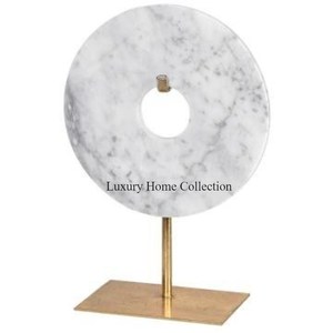 Escultura de mármol de forma redonda con base de metal Forma delgada Mesa decorativa Acento Diseñador Aspecto elegante Exhibición Objetos Suministros - Product Image 1