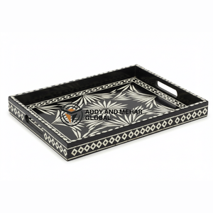 Proveedor indio ofrece bandeja de servicio decorativa Rectangular con incrustaciones de hueso negro hecha a mano con asas - Product Image 1