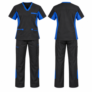 Conjunto de Uniforme Médico Unisex Goldtex Negro y Azul, Cuello en V, Manga Corta, Tela de Poliéster y Algodón, Pantalones con Tecnología de Detección de Agujas - Product Image 1