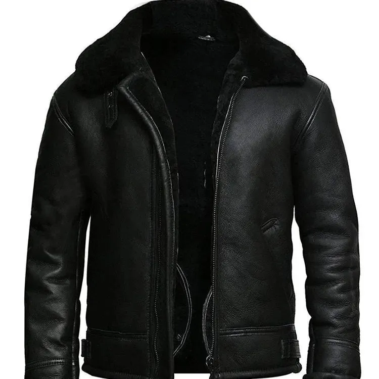 Alta Qualidade Aviador Piloto Flying Leather Jacket Homens Black Fur Collar Bomber Style Leather Jacket