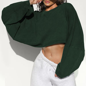 Sudadera recortada de cuello redondo para mujer Sudadera con capucha lavada con ácido 220gsm 240gsm 260gsm Camisetas de manga larga - Product Image 4