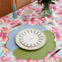 Set de table réutilisable personnalisé en tissu de coton vert et bleu, fait main, bord festonné, brodé, écologique, pour