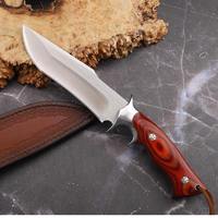 Pisau Berburu Fixed Blade Clip Point untuk Aktivitas Luar Ruangan dan Survival dengan Tepi Bevel, Full Tang, Gagang Kayu & Tali Kulit untuk Berkemah