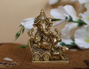 Golden Brass Cart Ganesh Statue With Mushak Hindu God Ganesh Figurine God of Money Lord Ganesh Murti Ganesh Idol God Idol - Product Image 1