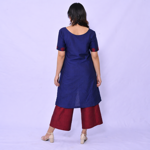Women's Dhaka Casual Summer <b>Linen</b> Crepe Loose Fit Bow Collar Logo <b>Top</b> Pant Daily Wear Short Uneven Front/Back Parallel Navy - Product Image 2