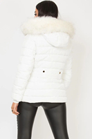 Chaqueta de Plumón para Mujer, Diseño Personalizado, Color Blanco, OEM, con Capucha de Piel Sintética, Cierre Completo y Acolchado, Chaqueta de Invierno
