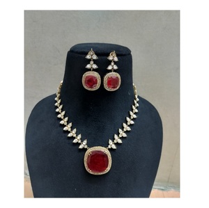 Bridal Kundan Choker Necklace and <b>Jhumka</b> <b>Earrings</b> Set with Red Beads and American Diamonds for Weddings and Parties - Product Image 1