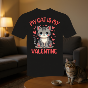 Camiseta de manga corta con cuello redondo unisex para adultos con estampado digital promocional de My Cat Is My Valentine - Product Image 3