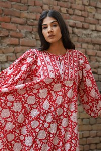 Robe longue d'été 2024 rouge 100 % coton à manches longues col rond vintage coupe trapèze ajustée respirante - Product Image 5