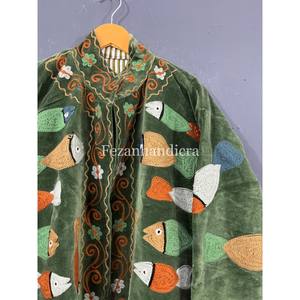 Autumn Winter Unisex Velvet Fish Embroidery Uzbek Suzani Jacket Stand Collar Cotton Lining Floral Pattern Wholesale Short <b>Coat</b> - Product Image 1