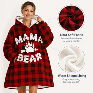 Couverture à capuche portable en flanelle ultra douce, à carreaux rouge et noir Buffalo MAMA BEAR, avec doublure épaisse en sherpa et isolation thermique élevée - Product Image 1