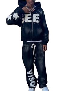 <b>Top</b> Custom Acid Washed Tracksuit For Men And Women Flared Style Custom <b>Distressed</b> Embroidered Patches Sweatsuit 2 Pcs Set - Product Image 4