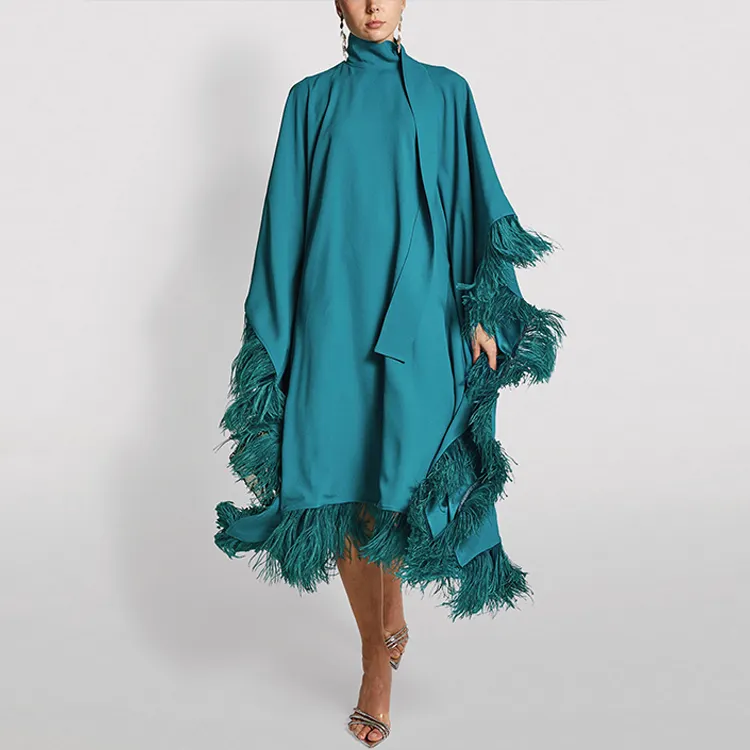 Custom Spring Women Batwing Sleeve Solid Color Swing Formal Wedding Party Evening Dresses Loose Kaftan Elegant Feather Dress