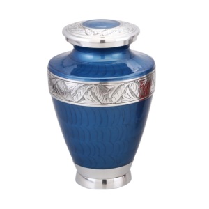 Urnes de crémation pour adultes en aluminium de haute qualité avec des fournitures funéraires en métal fini émail bleu pour les cendres humaines - Product Image 1