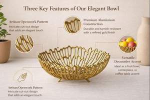 Bol décoratif moderne en aluminium, design en métal moulé à la main, motif filet, pour fruits et légumes, centre de table, organisateur pour la maison et la cuisine - Product Image 4
