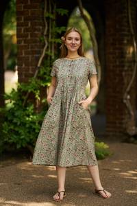 Robe bohème New Amie, imprimée à la main, en coton pur, motif floral vert et rose, tenue décontractée - Product Image 4