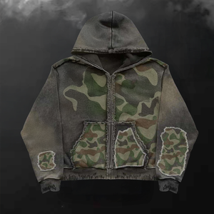 Sudadera con capucha de algodón OEM oversize con lavado ácido, bordado desgastado, estilo streetwear, efecto descolorido por el sol, de alta calidad, con cremallera y logotipo personalizado para hombre - Product Image 3