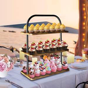 ชั้นวางคัพเค้กไม้และโลหะ 3 ชั้น สีน้ำตาล สไตล์ฟาร์มเฮาส์ ขนาดใหญ่ ถาดเสิร์ฟอเนกประสงค์สำหรับจัดแสดงและเสิร์ฟขนมหวาน - Product Image 1